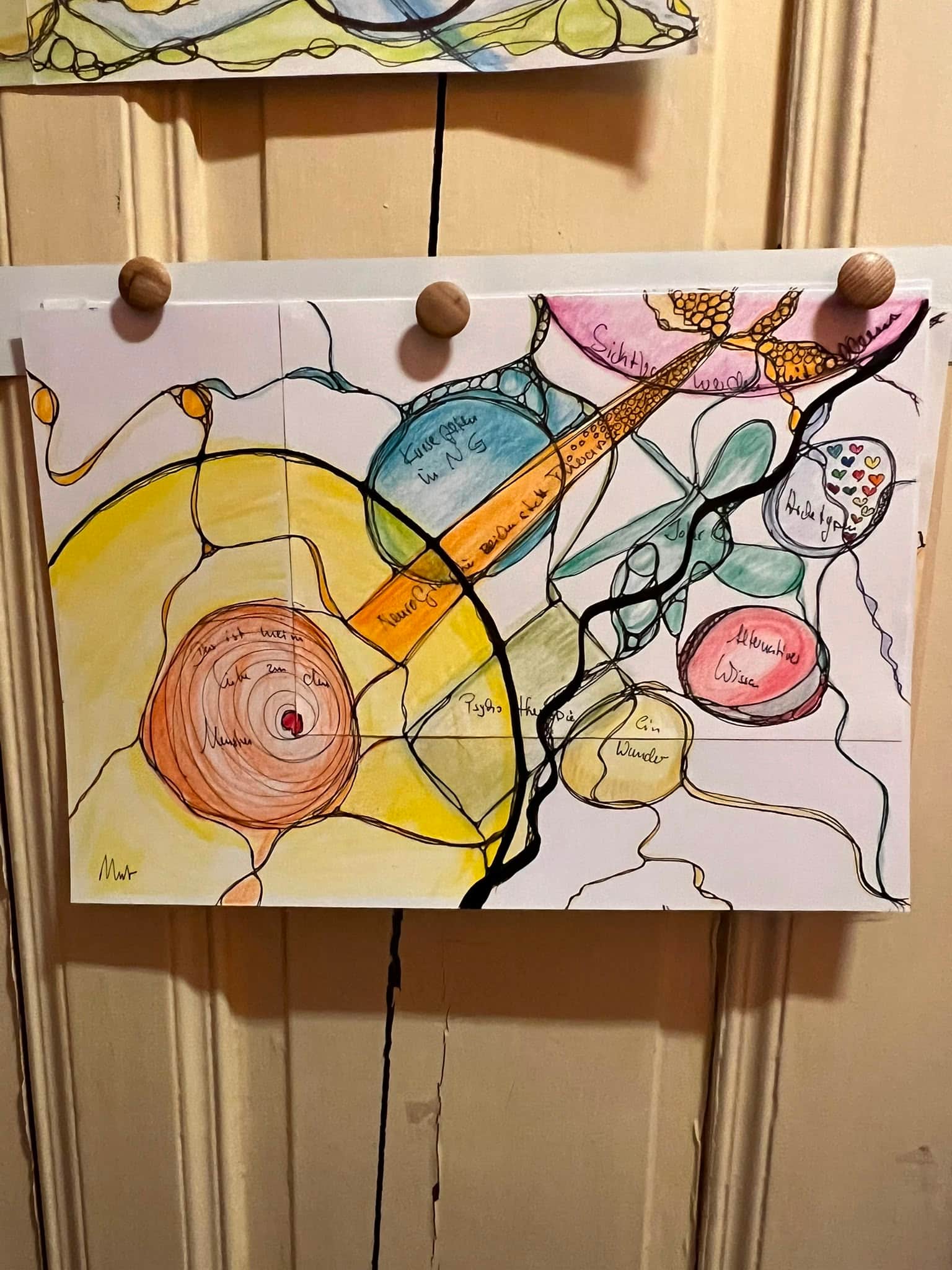 Neurographische Zeichnung mit blauen und goldenen Farbräumen